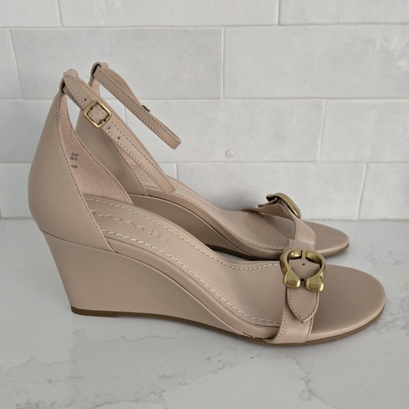 Coach Shoes - COACH Women's Odetta Wedge Sandals Leather Nude Tan Ankle Strap Open-Toe Size 9